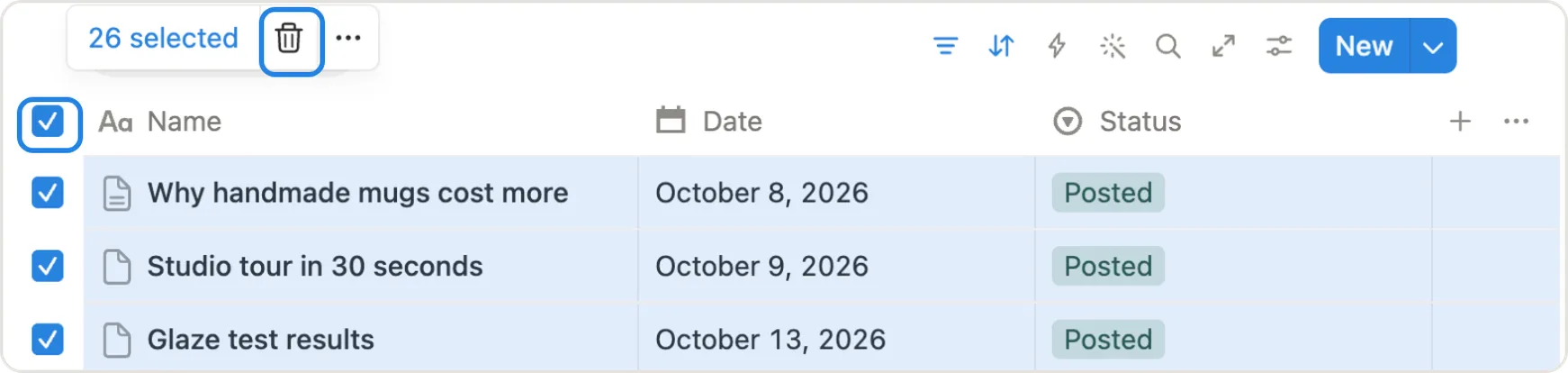 The sample posts selected with the trash icon at the top of the list