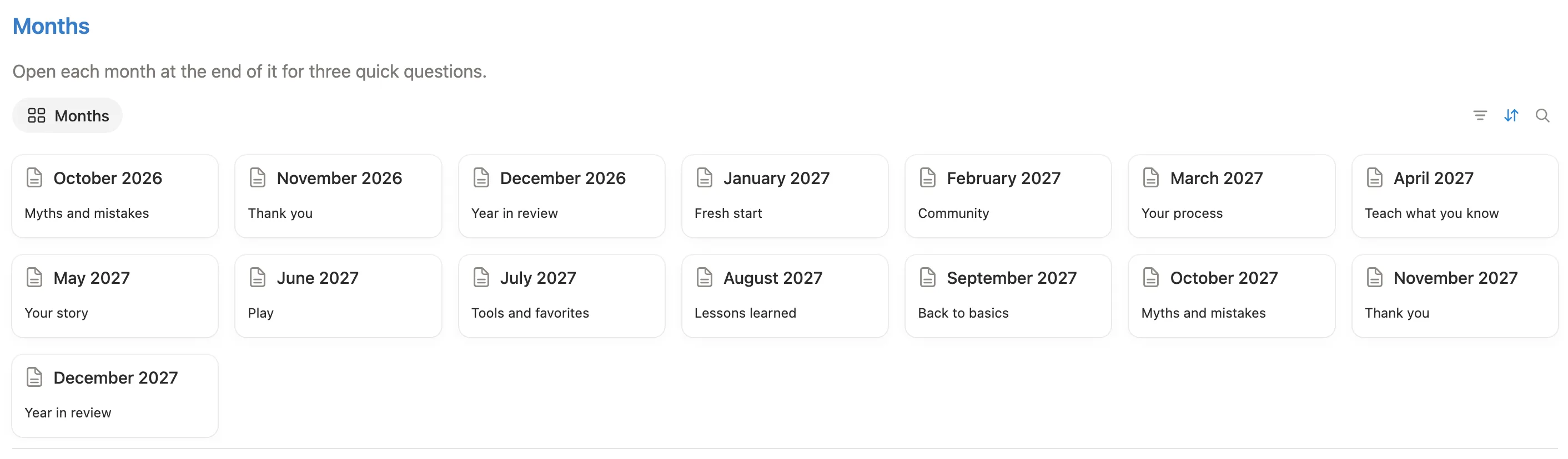 Month cards from October 2026 to December 2027, each with a theme like Fresh start or Lessons learned