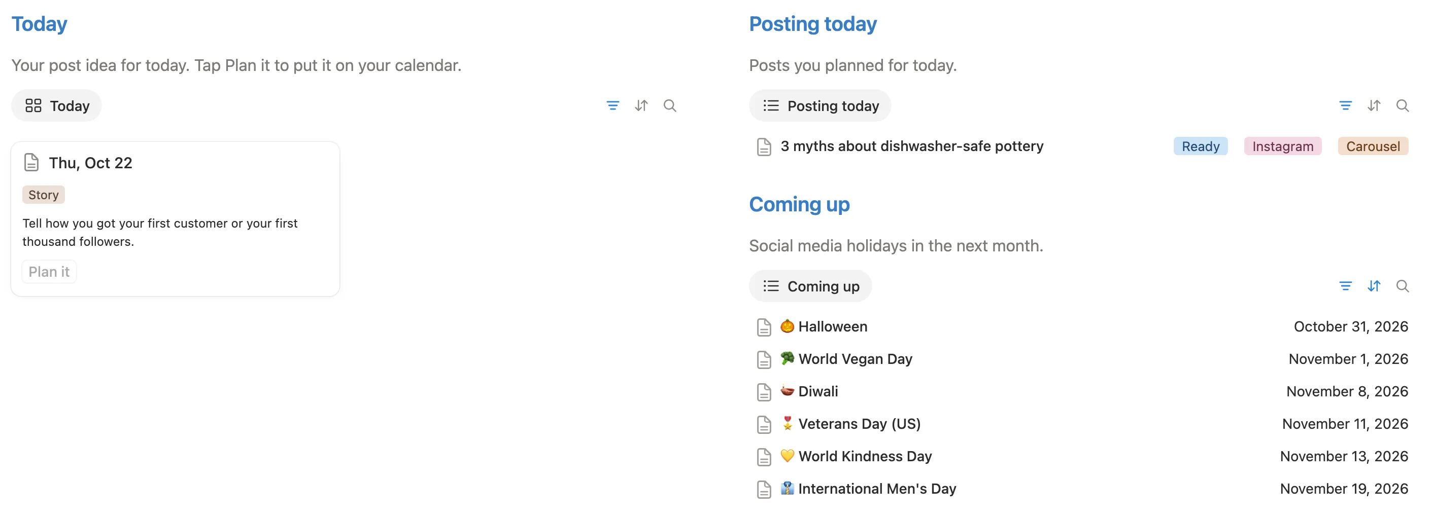 Today’s idea for Thu, Oct 22 with a Plan it button, one post for today marked Ready, and holidays like Halloween and Diwali