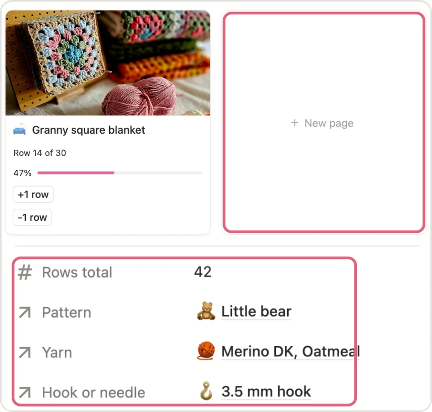 New page under On the hook and the Rows total, Pattern, Yarn and Hook fields marked