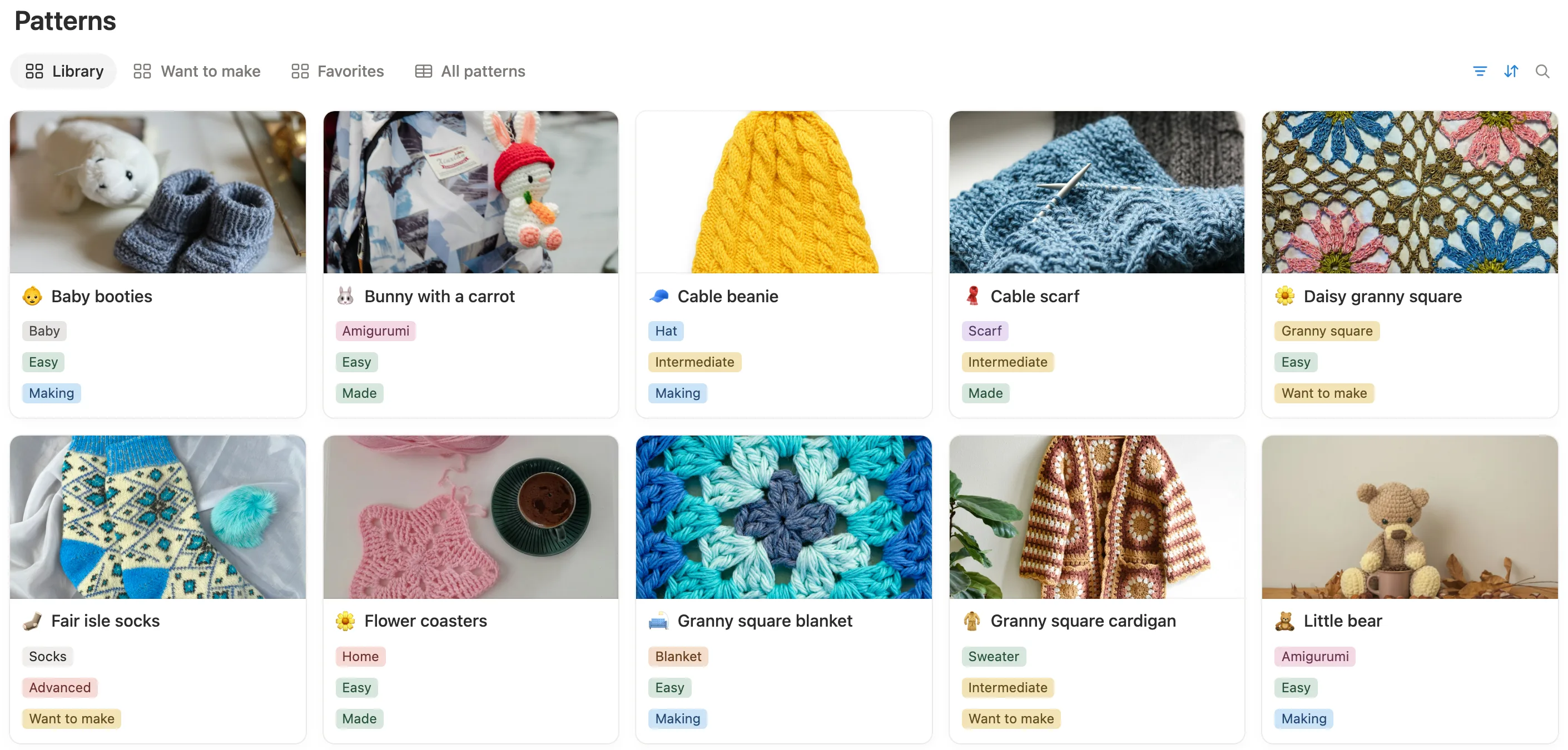 The pattern library as photo cards with type, difficulty and status