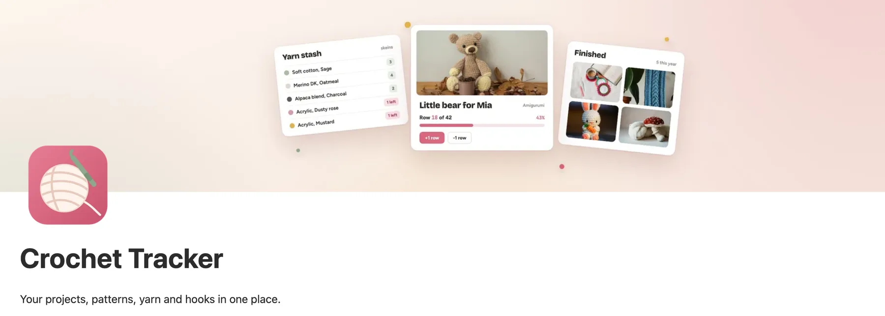 The top of the Notion crochet tracker main page with its cover, icon and title