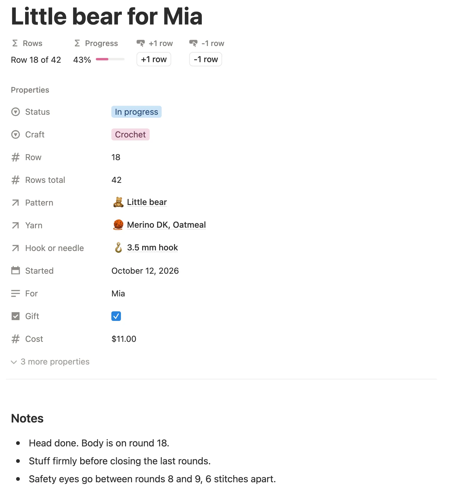The Little bear for Mia project with Row 18 of 42, its progress bar and the +1 row and -1 row buttons