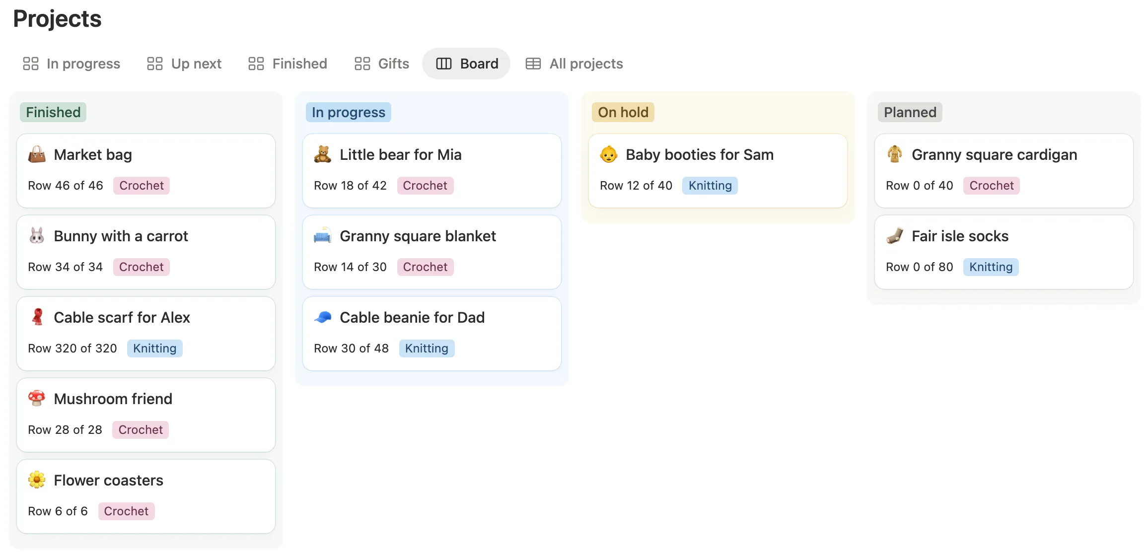 The Projects board with Finished, In progress, On hold and Planned columns and each project’s row