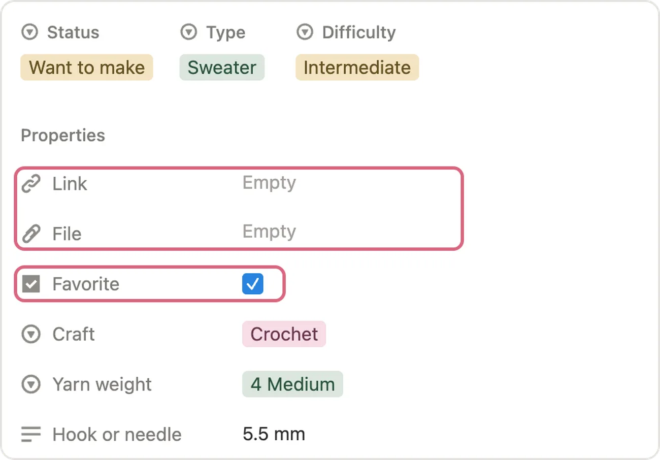 Link, File and Favorite marked on a pattern page