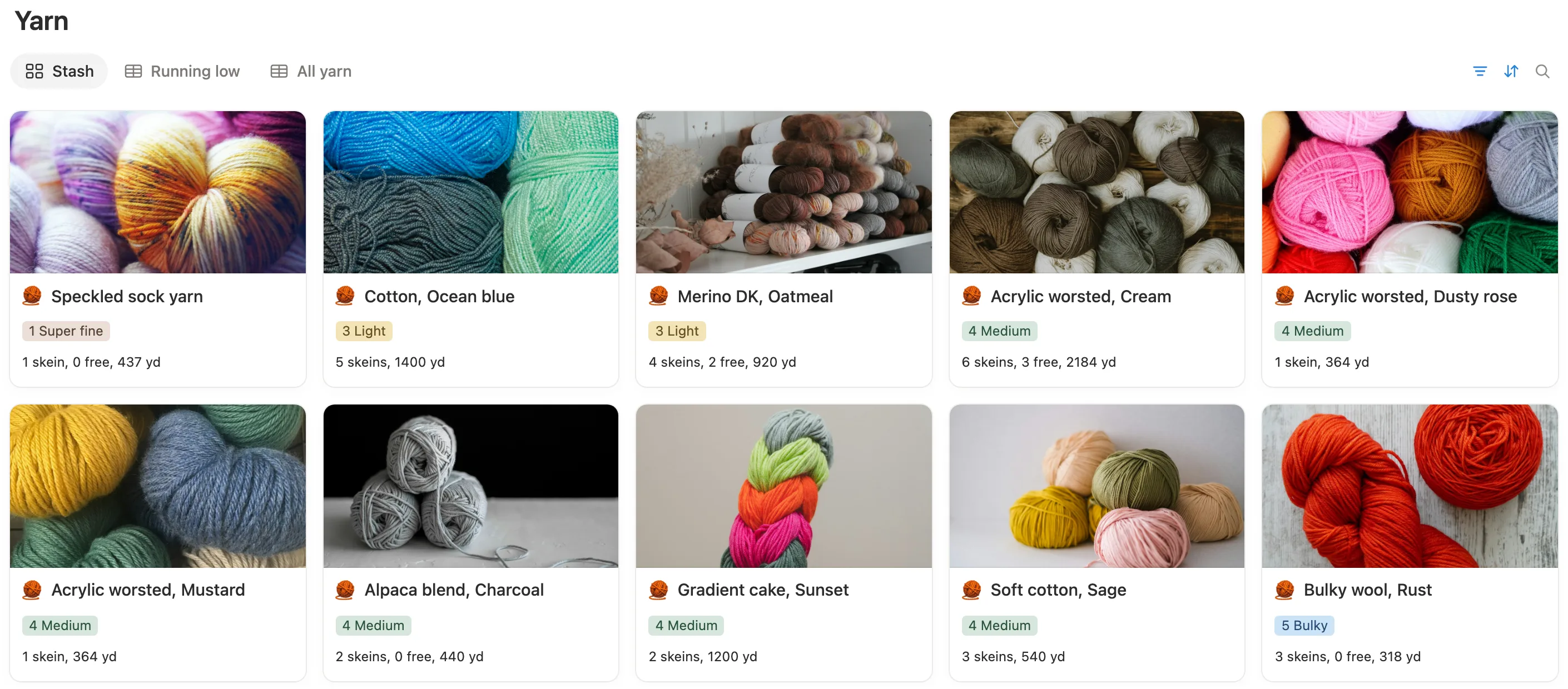 The yarn stash as photo cards with weight, skeins, free skeins and yards