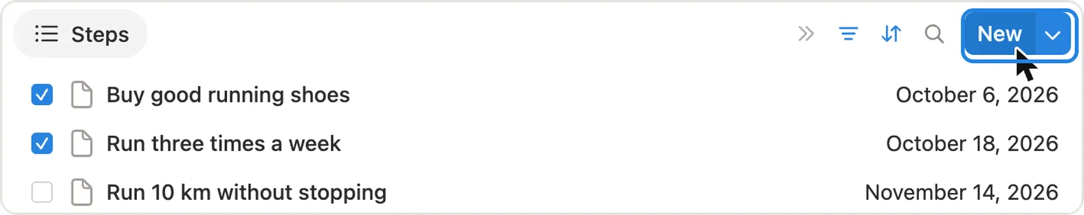 The New button on the Steps list of a goal page