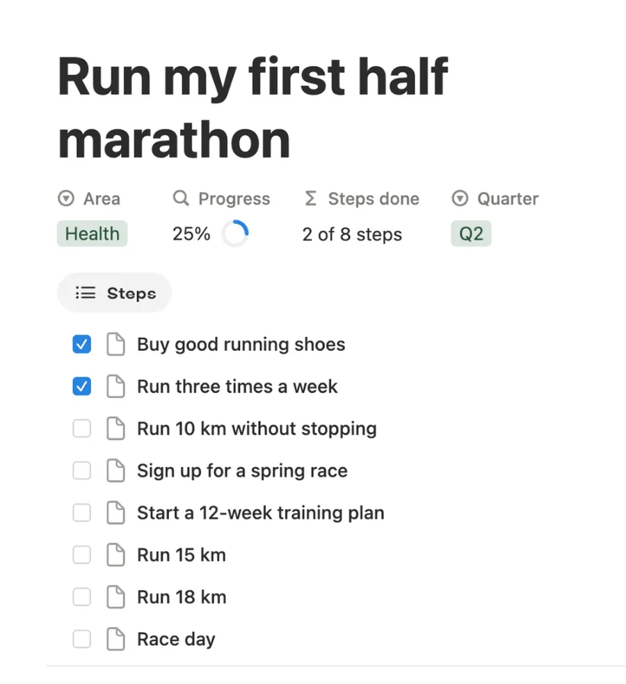 A goal at 25% with its eight steps, each with a date and a tick box, the first two done