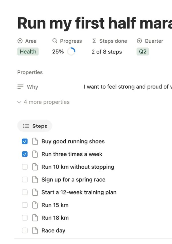 Goal page for Run my first half marathon with its steps in date order, the first two ticked