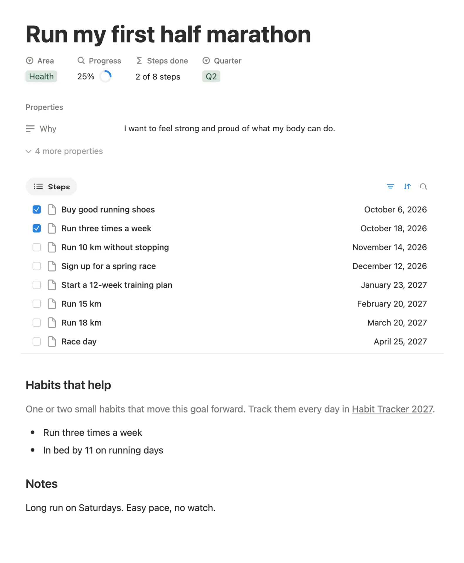 Goal page for Run my first half marathon: Health, 25%, 2 of 8 steps, Q2, with its why and eight dated steps