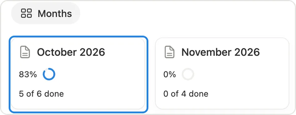 October 2026 month card at 83%, 5 of 6 done