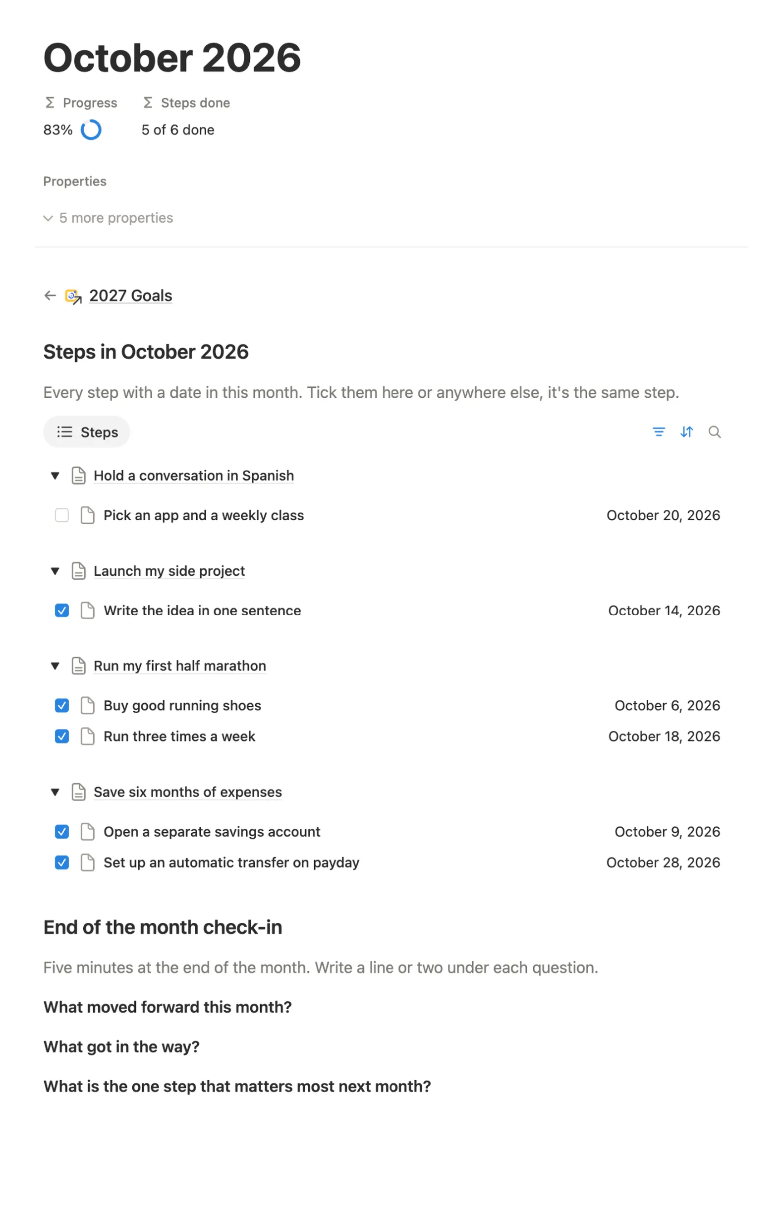 October 2026 page at 83% with its steps by goal and an end of the month check-in with three questions