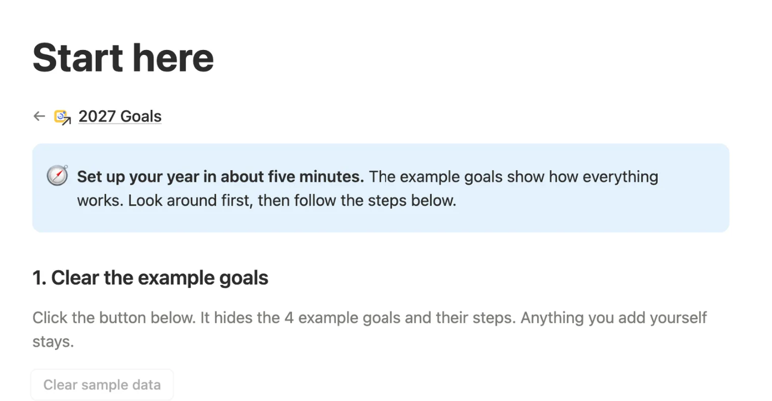 Start here page with the Clear sample data button under the first step
