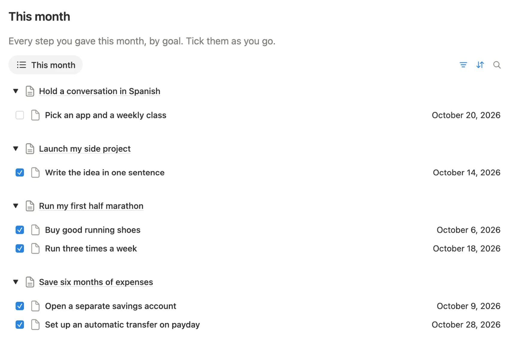 This month list for October 2026, grouped by goal, with five of six steps ticked