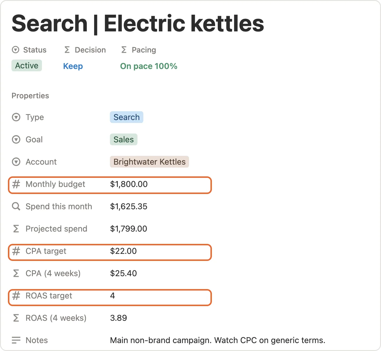 A campaign page with Monthly budget, CPA target and ROAS target ringed