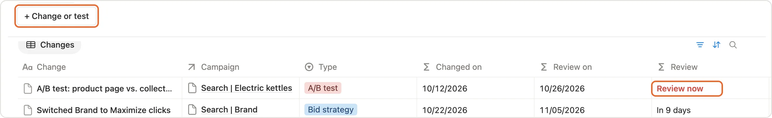 The + Change or test button and Review now on a change that has reached its review date