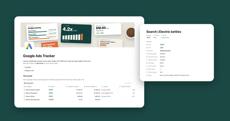 The Google Ads Tracker main page with This month, next to a campaign page with Decision and Pacing