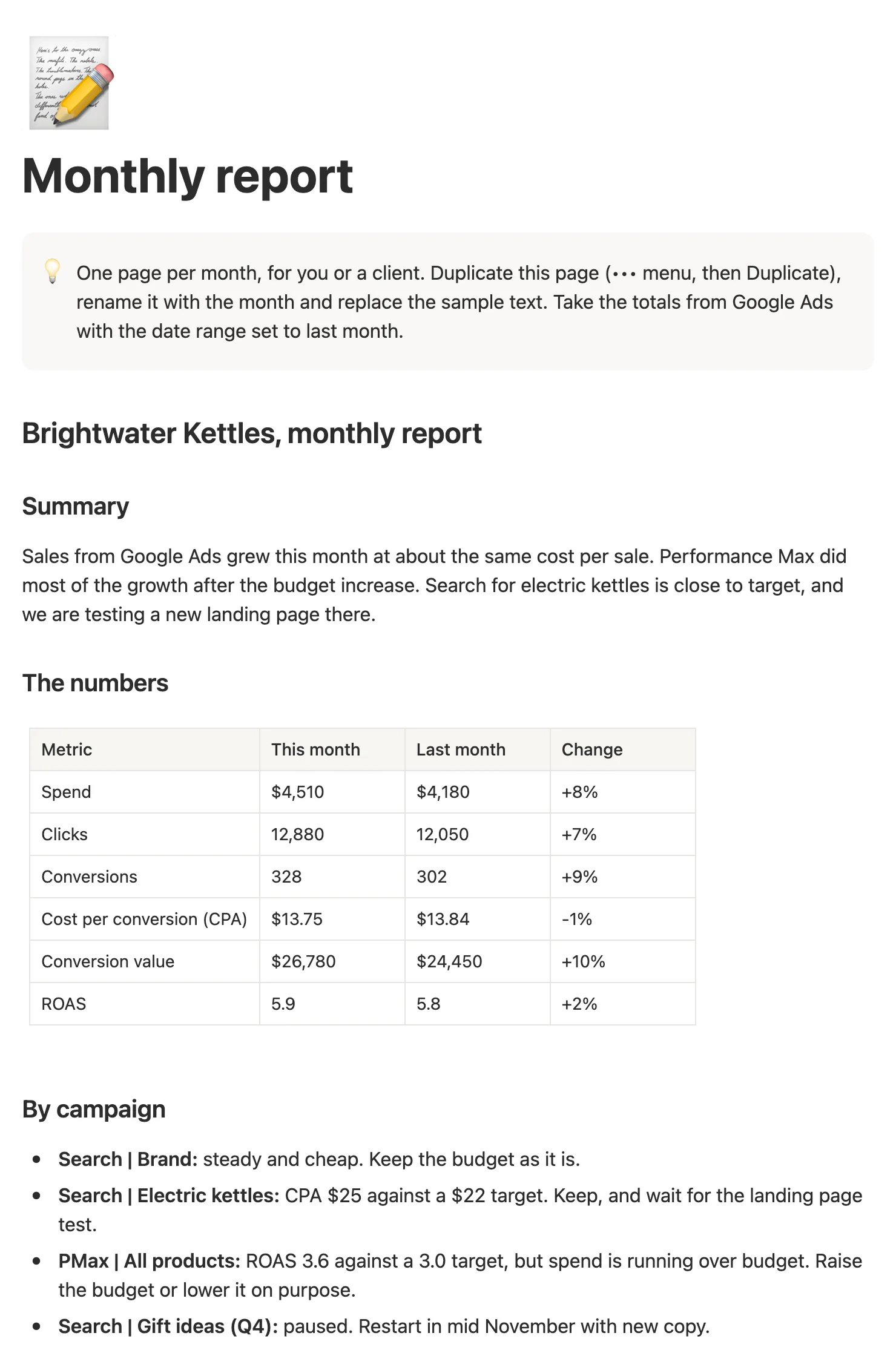 A sample monthly report with a summary, a table of this month against last month, and notes on each campaign