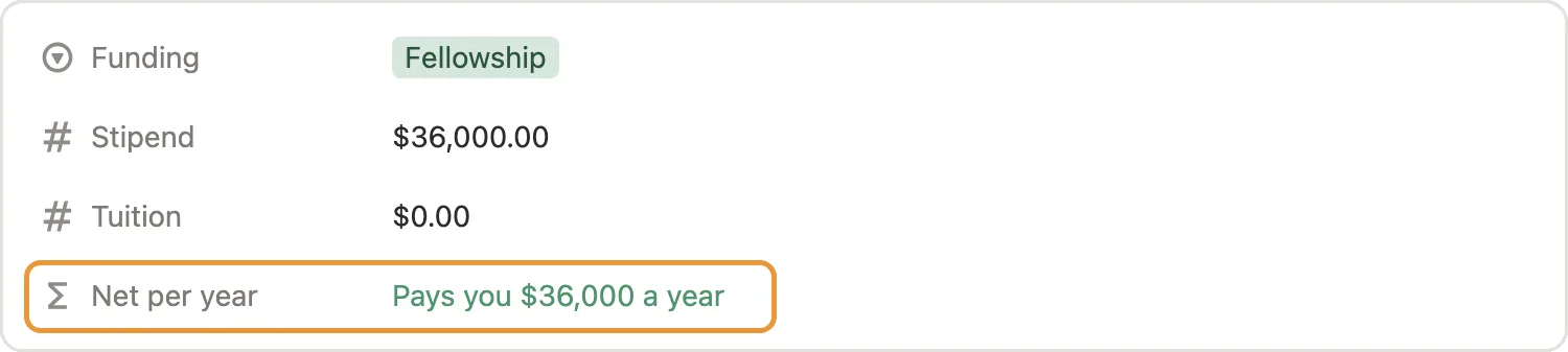 Funding, stipend, tuition and Net per year marked on an offer