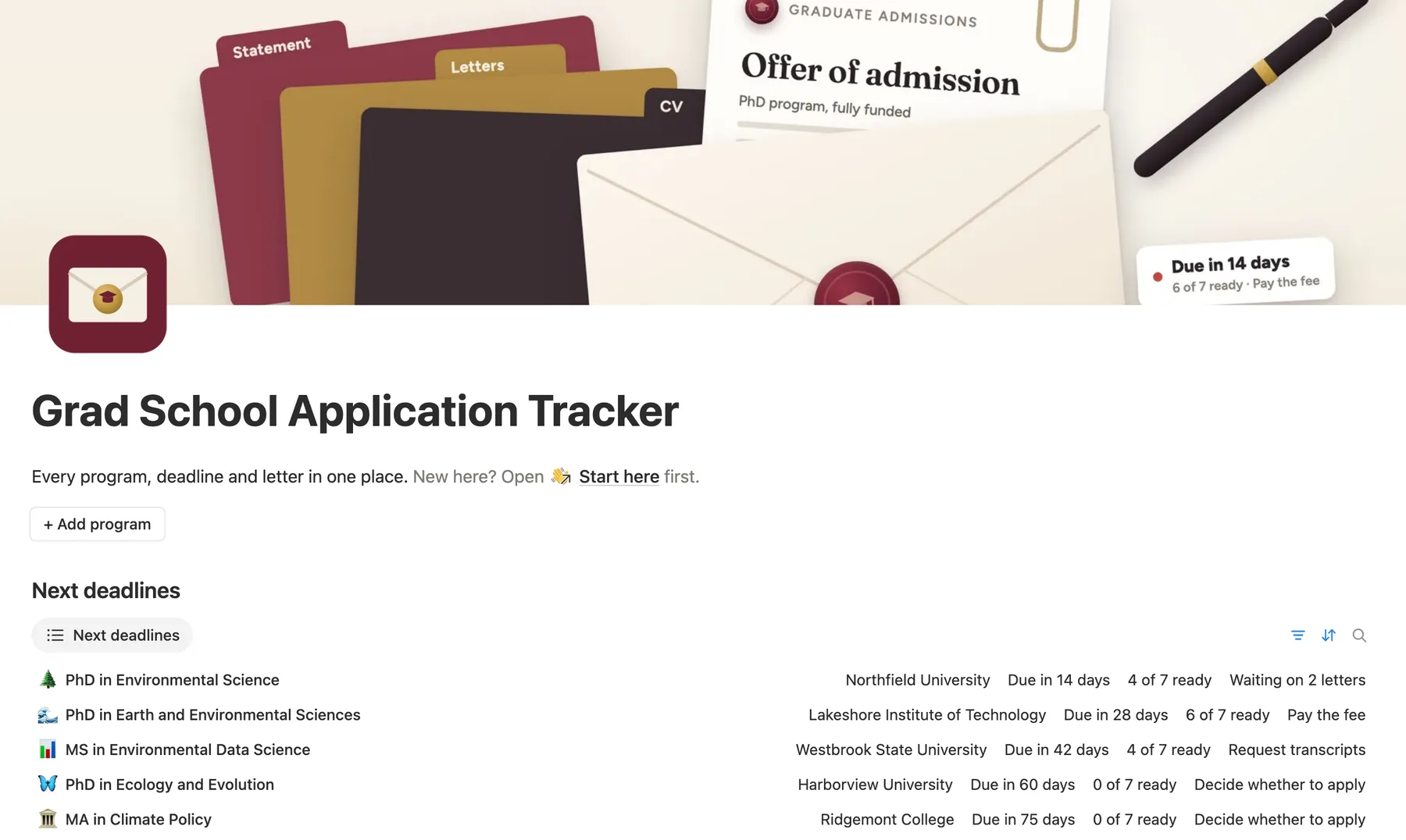 The main page of the Notion grad school application tracker with the next deadlines