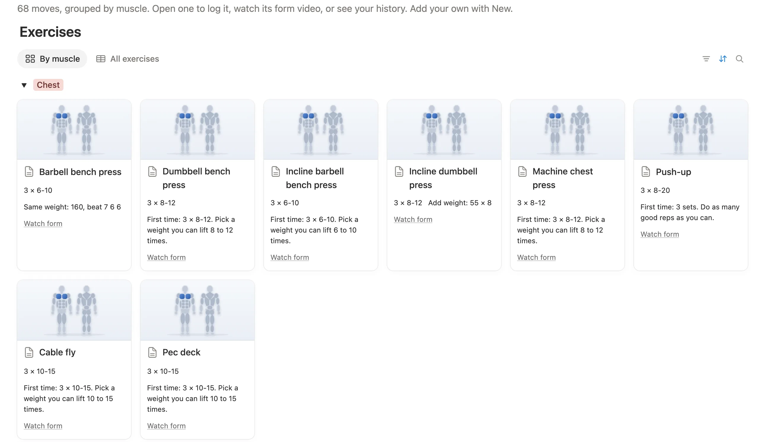 Chest moves in the exercise library, each with a muscle picture, a plan and a Watch form link