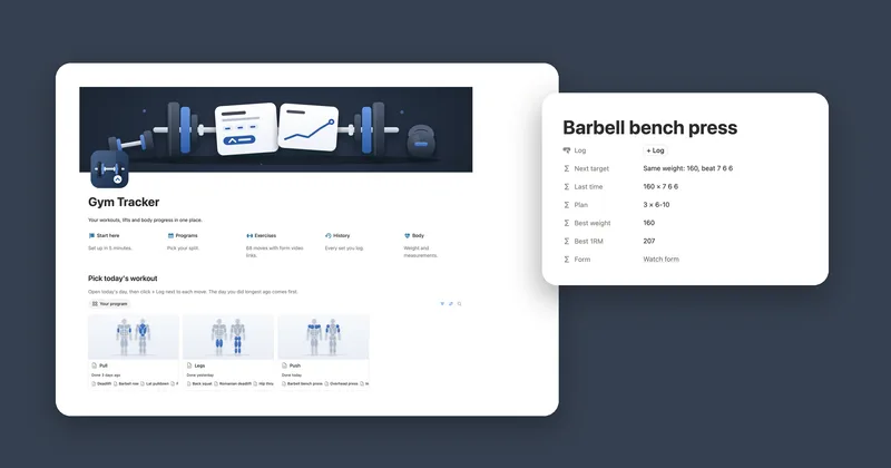 The Gym Tracker main page next to the Barbell bench press page with its next target