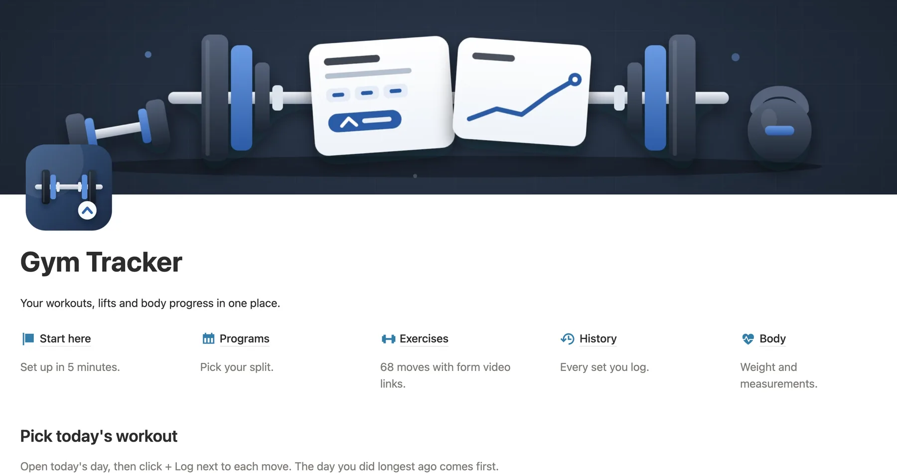 The main page of the Notion gym tracker with its cover and links to Start here, Programs, Exercises, History and Body