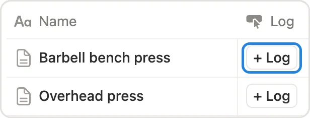 The + Log button next to Barbell bench press marked