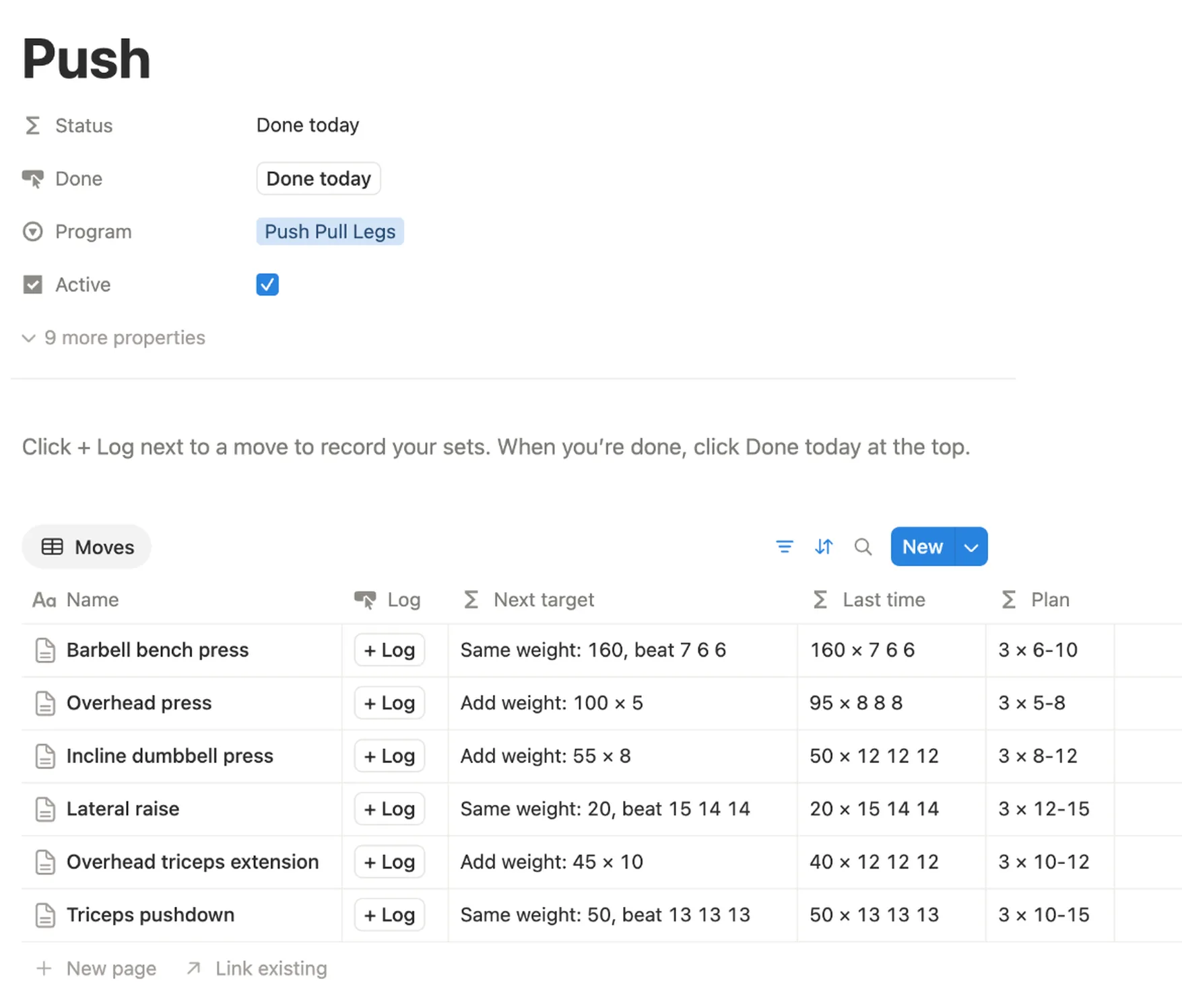 The Push day with + Log buttons and next targets like Add weight: 100 × 5