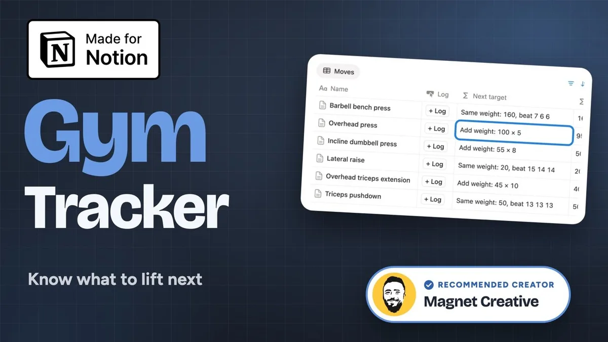 Cover of the 53 second video tour of the Gym Tracker for Notion