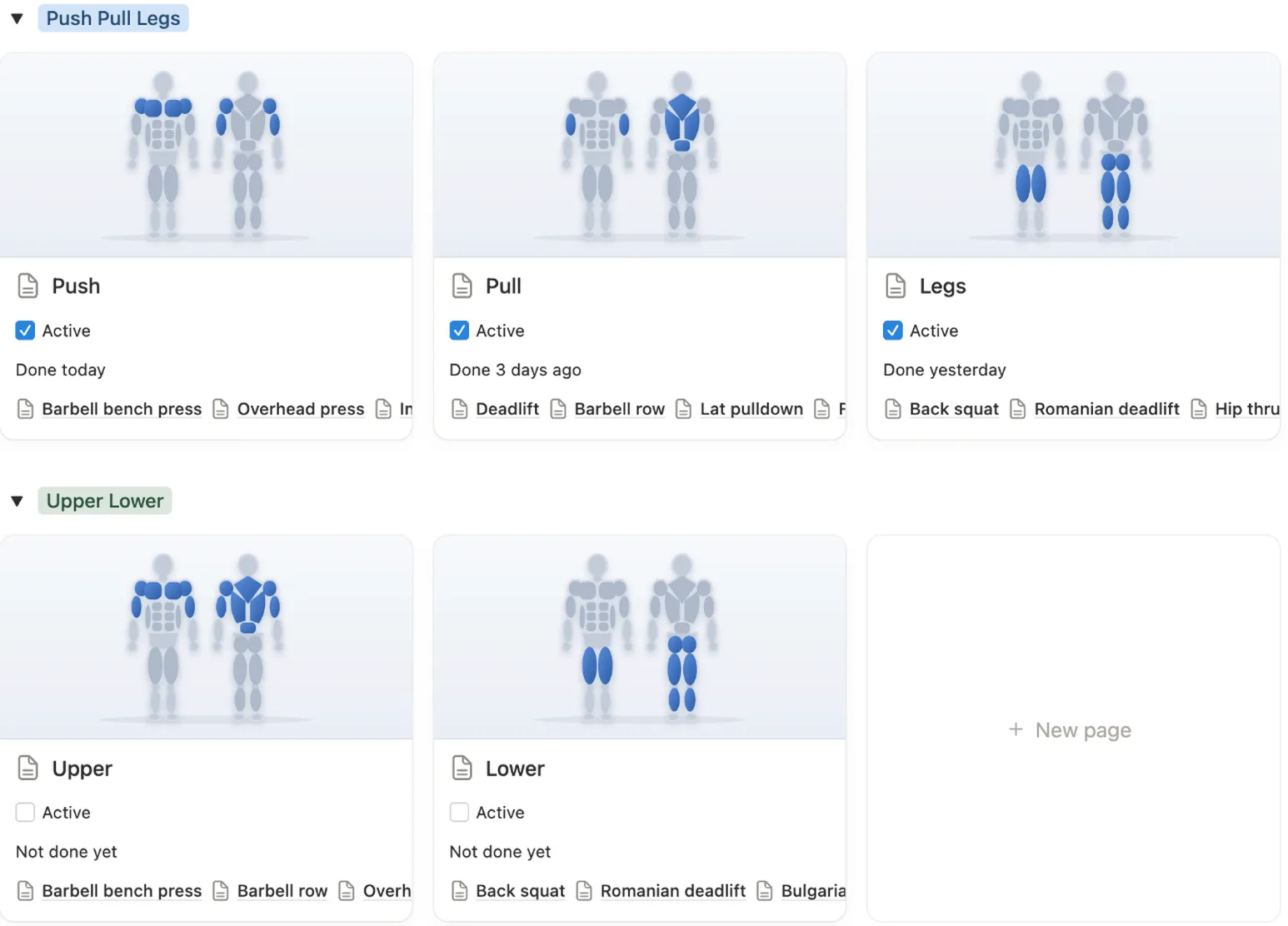Push Pull Legs days turned on and Upper Lower days turned off in Programs