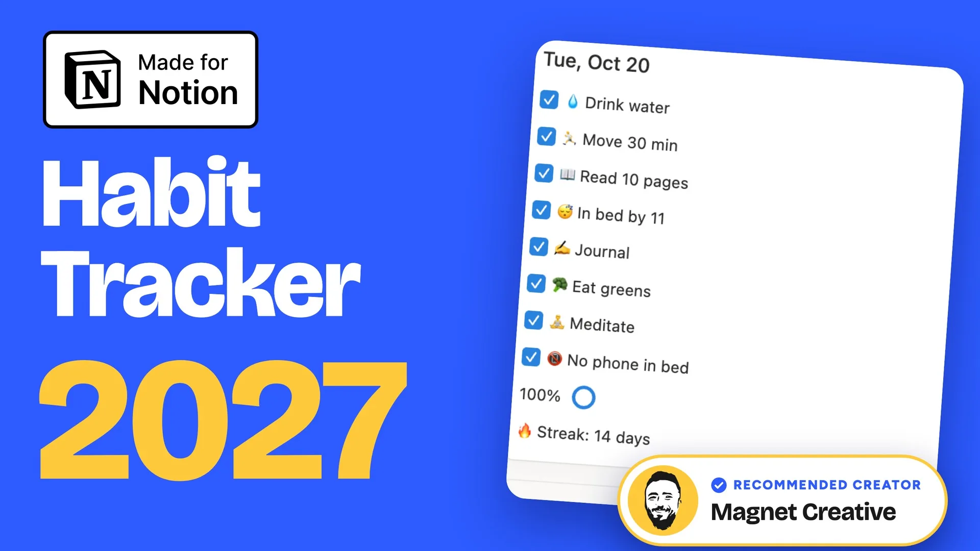 Cover of the 60 second video tour of the Notion habit tracker template, with a Today card at 100% and a 14 day streak