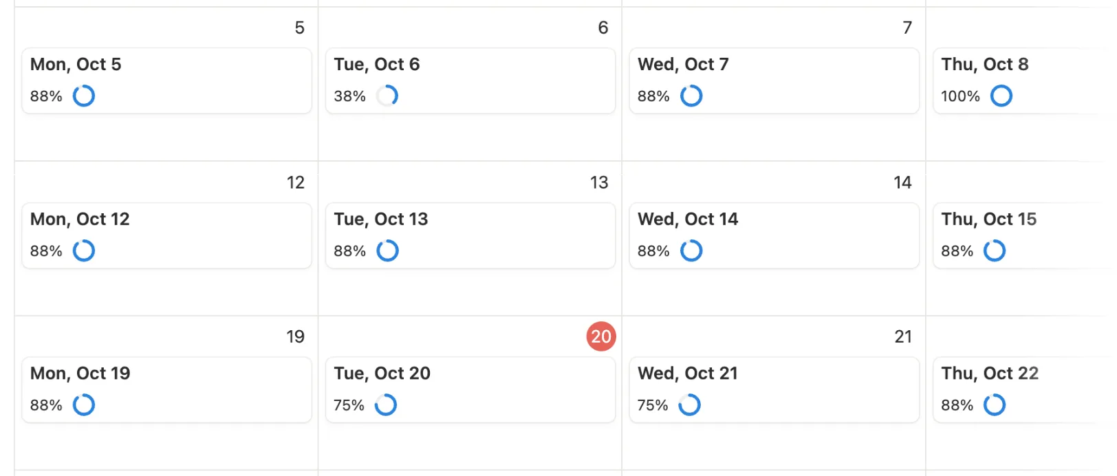 This month calendar with a score ring on each day from October 5 to 25