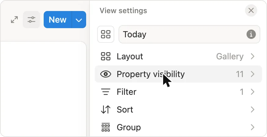 View settings menu with Property visibility highlighted