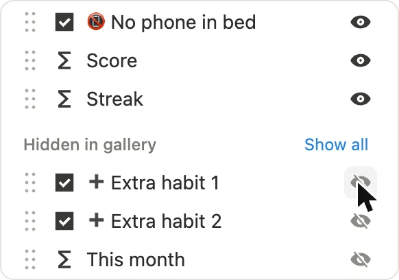 Property list with an eye icon to show or hide each habit