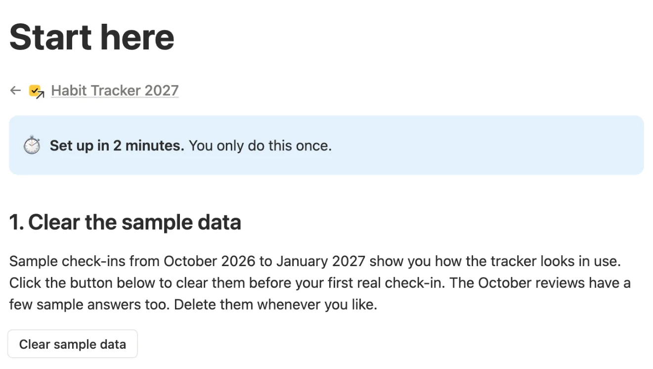 Start here page with step 1, Clear the sample data, and its button