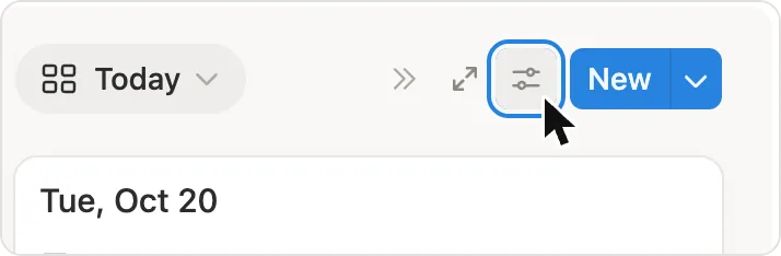 View settings icon, two small sliders, above today’s card