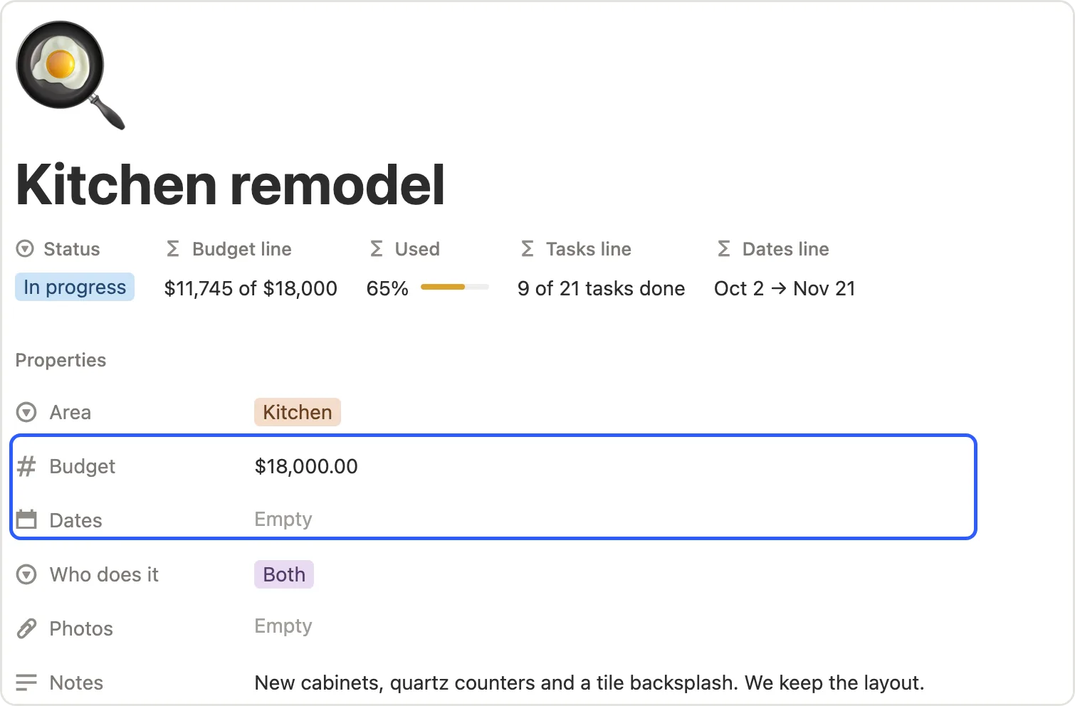 Budget and Dates marked on the Kitchen remodel project page