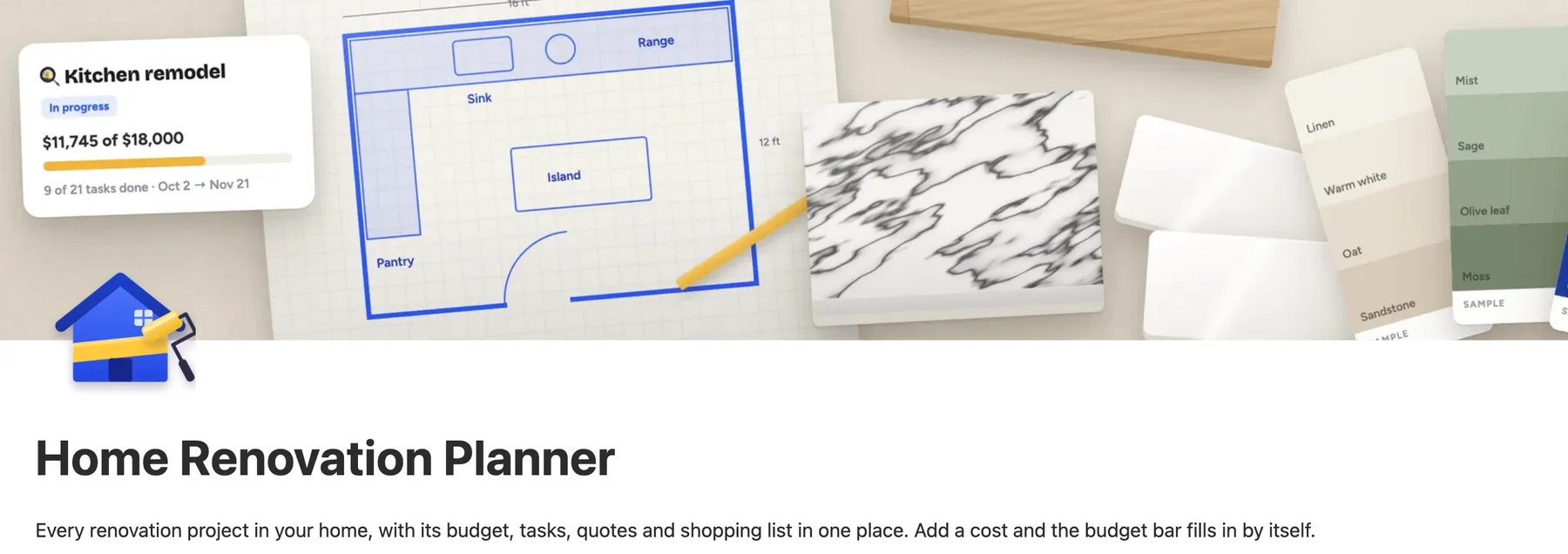 The top of the Notion home renovation planner main page with its cover, icon and title