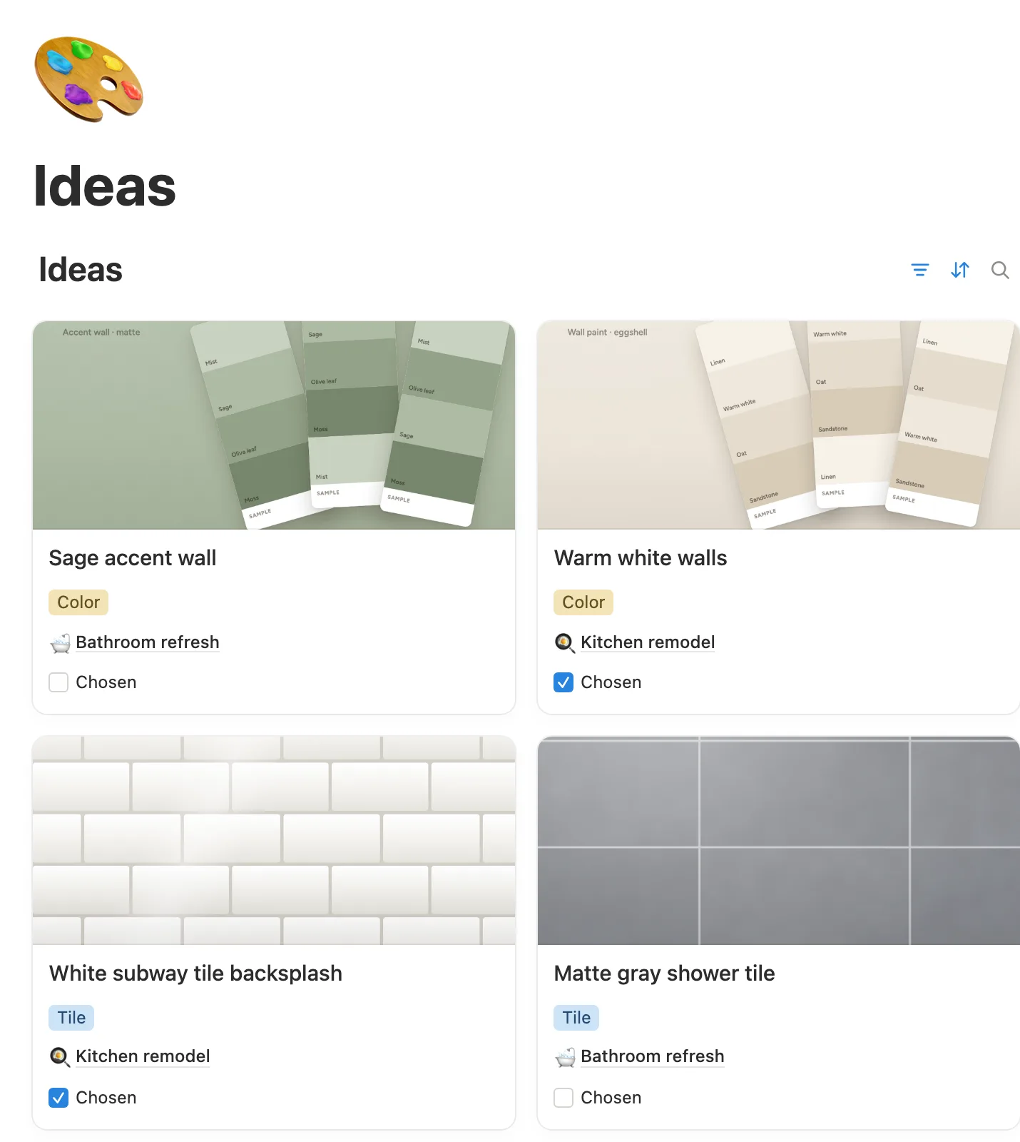 The ideas board with two paint colors and two tiles, each with its project and Chosen box