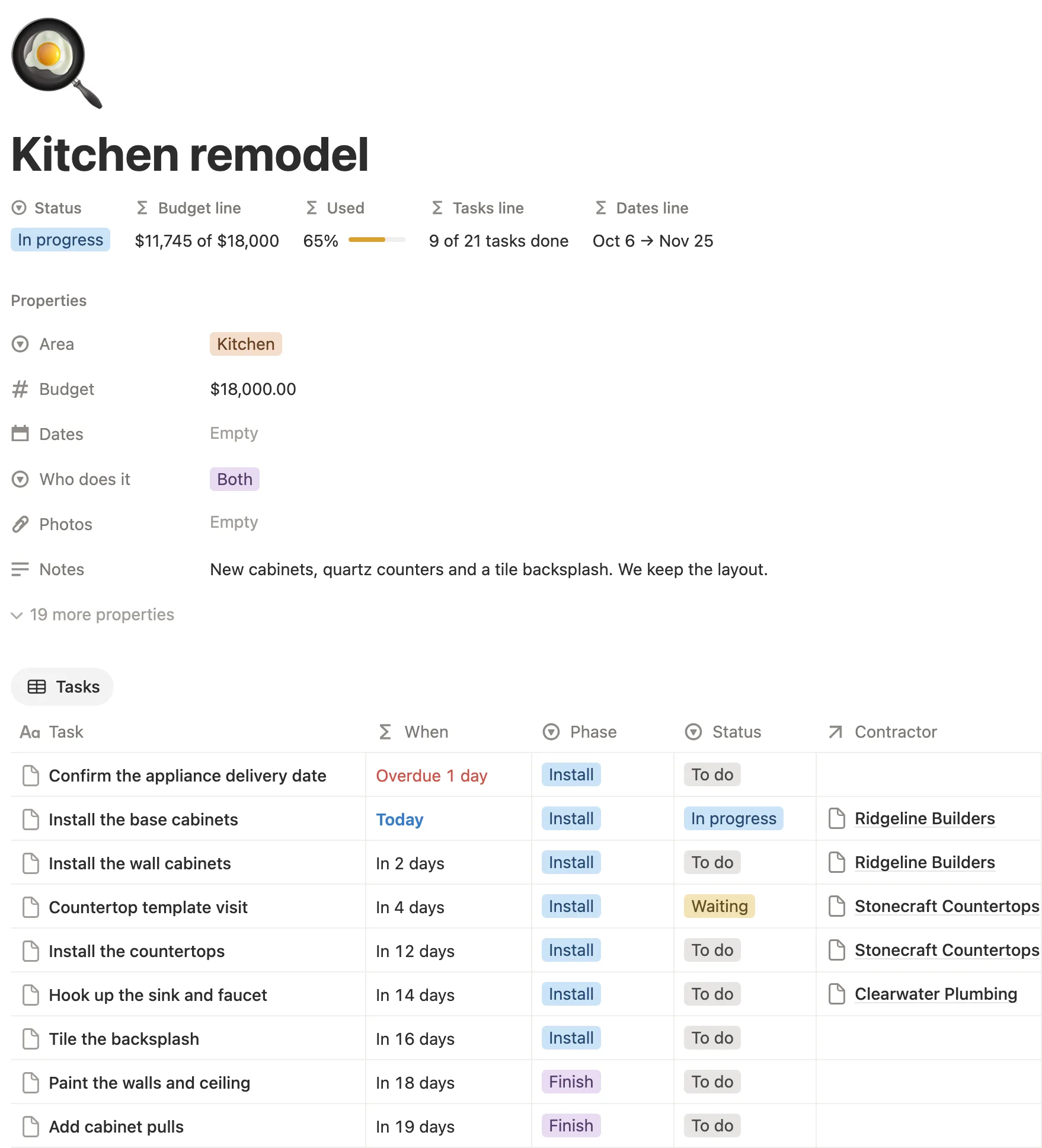 The Kitchen remodel page with its status, budget line, used bar, tasks done and its tasks