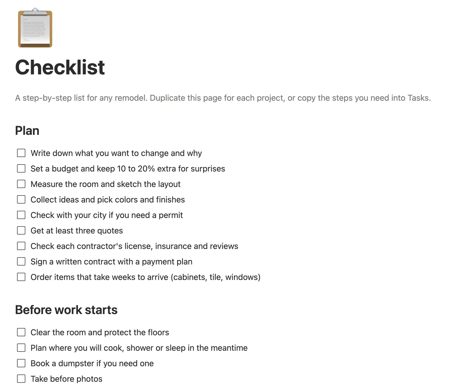 The renovation checklist with the Plan and Before work starts steps