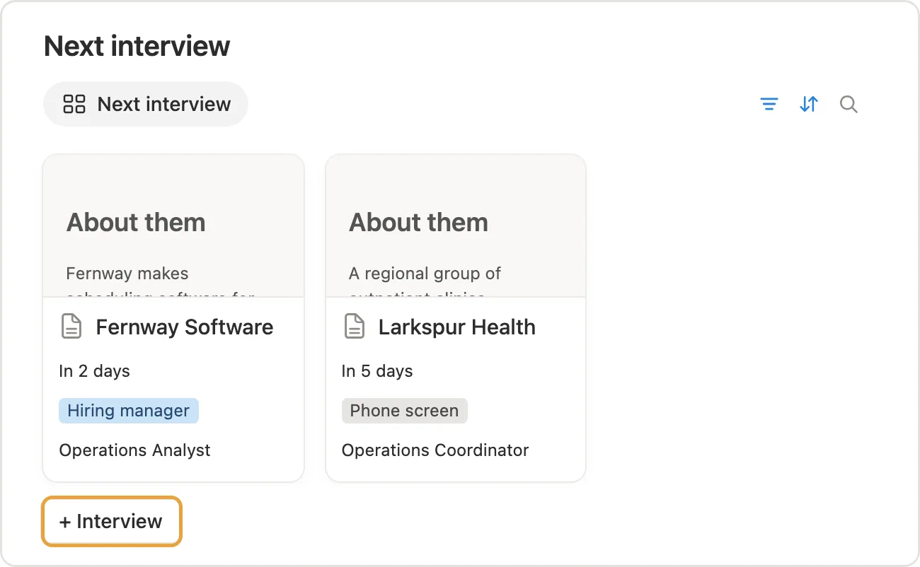 The + Interview button marked under Next interview