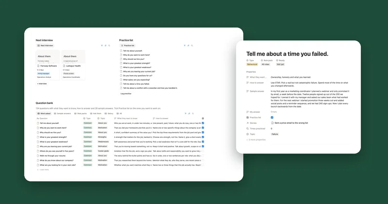 The Interview Prep question bank next to a question page with how to answer and a sample answer