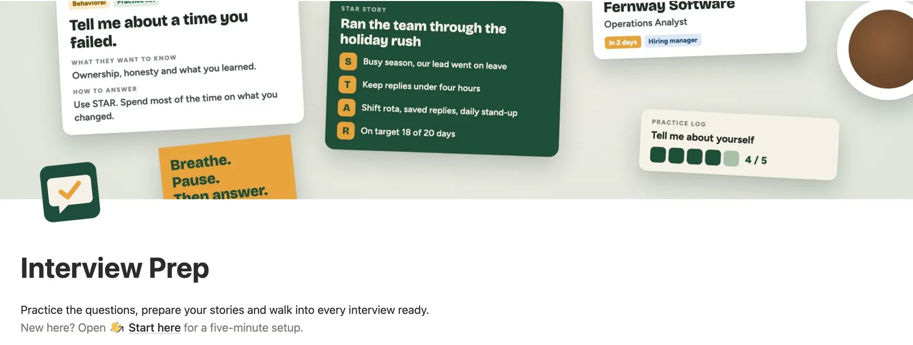 The top of the Notion interview prep template with a question, a STAR story and a practice score on its cover