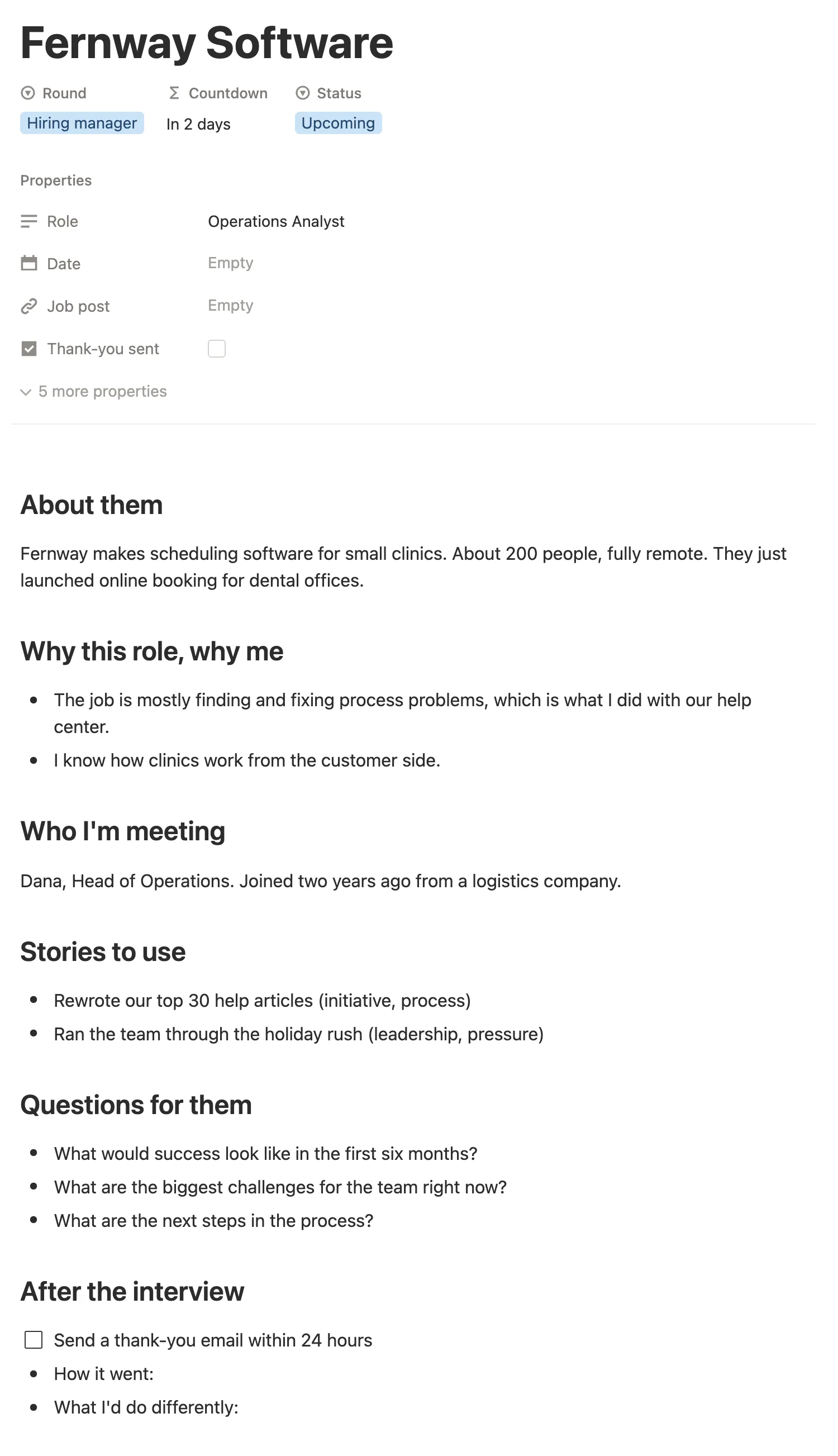 An interview page for a made-up company with the round, countdown and prep sections