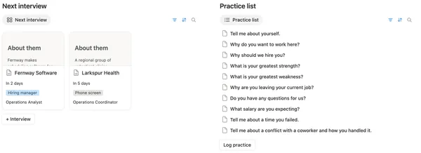 Next interview with two upcoming interviews and their countdown, and the Practice list