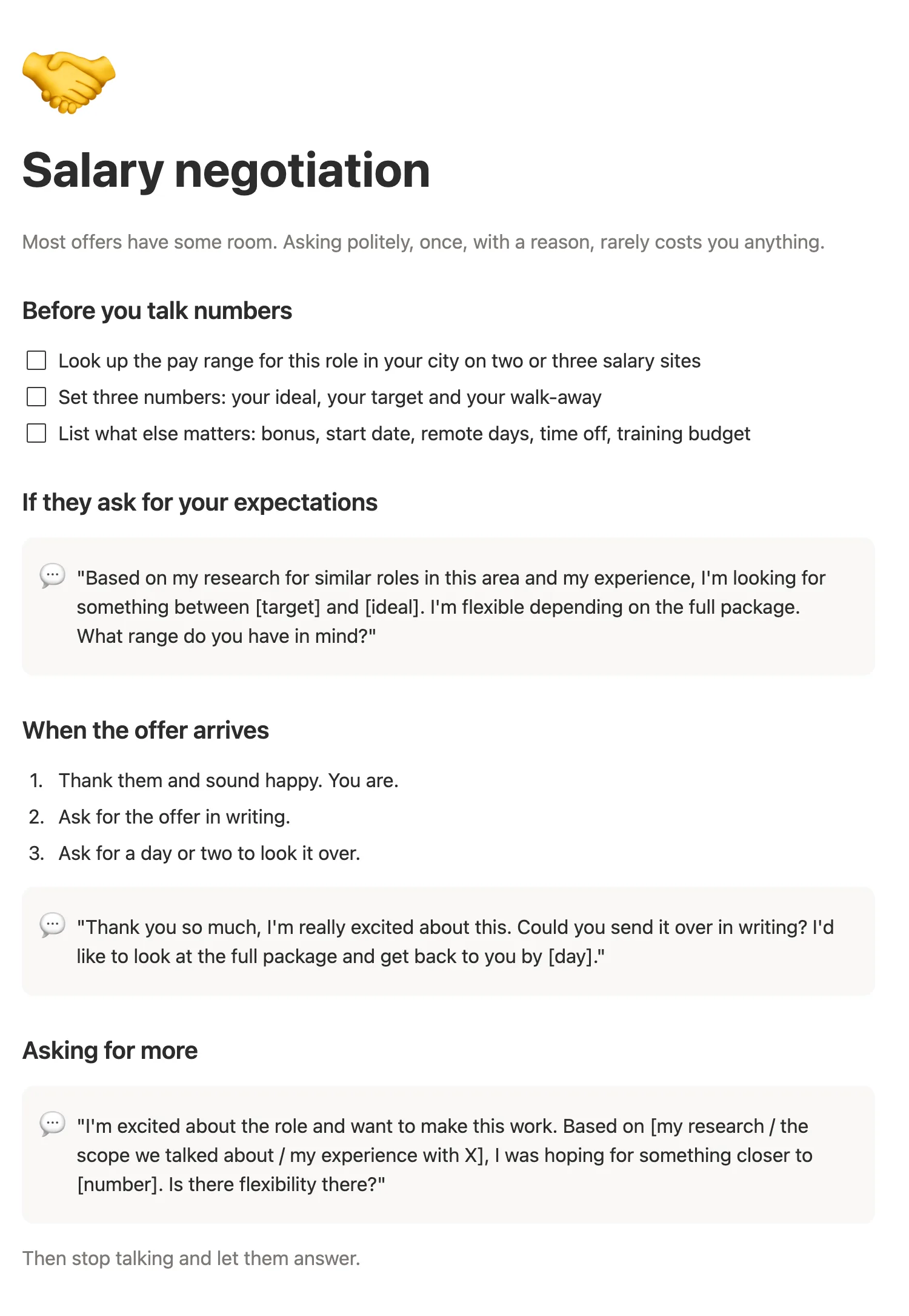 The Salary negotiation page with what to say before, during and after the offer