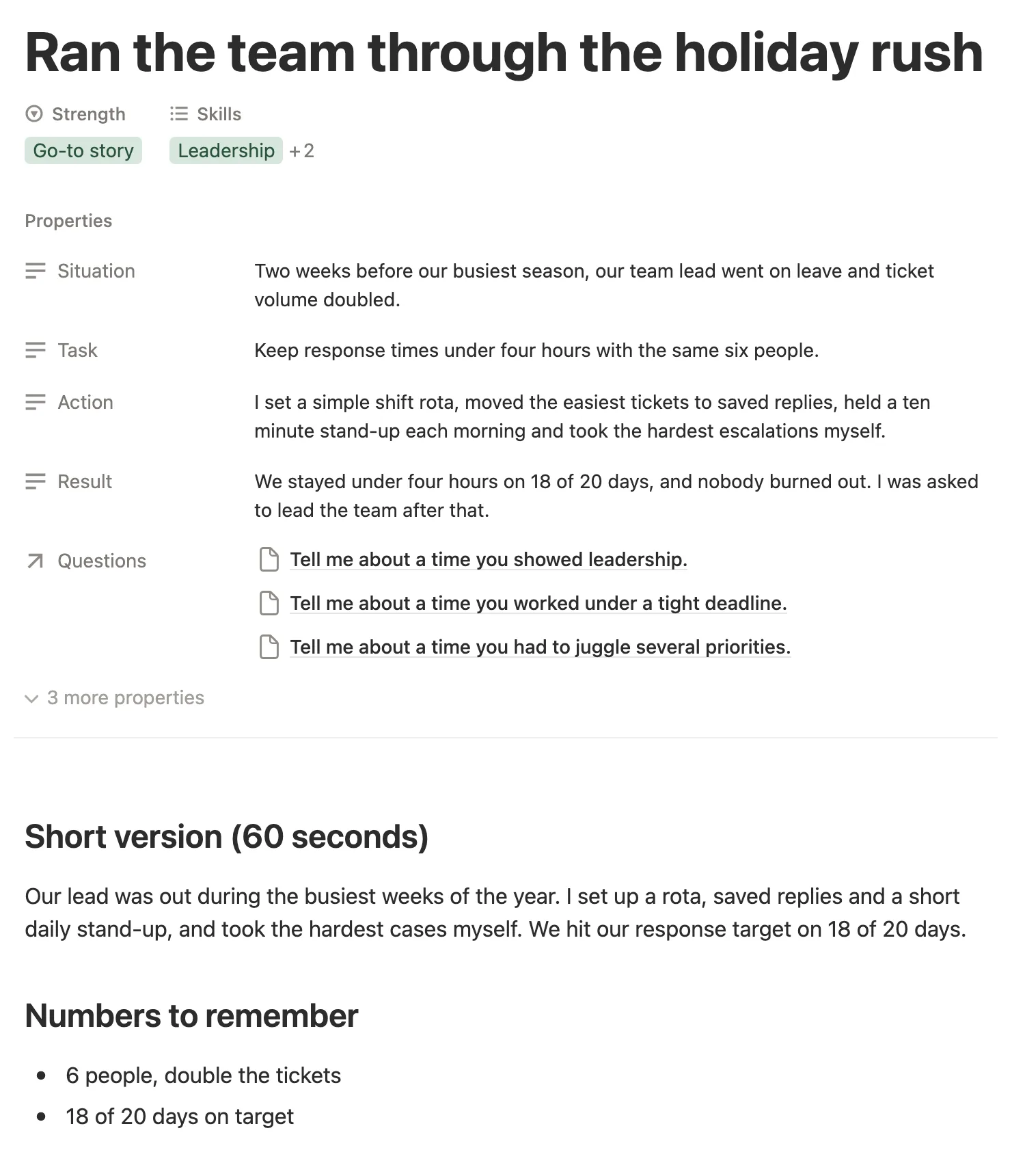 A STAR story about a holiday rush with Situation, Task, Action, Result and a 60 second version