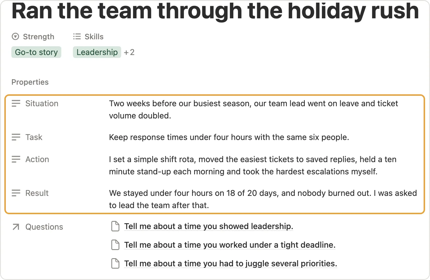 Situation, Task, Action and Result marked on a STAR story